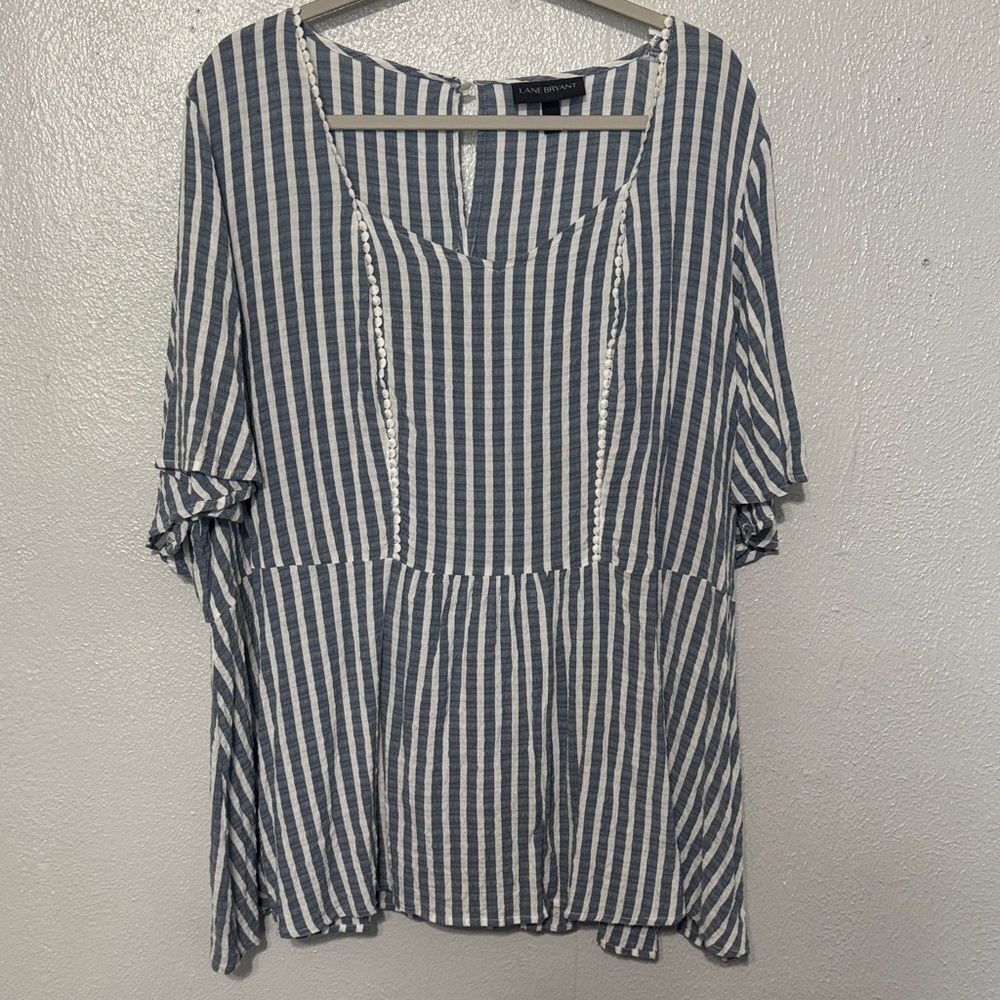 Lane Bryant 22/24 Blue White Striped Peasant Boho Peplum Tunic Blouse Flutter